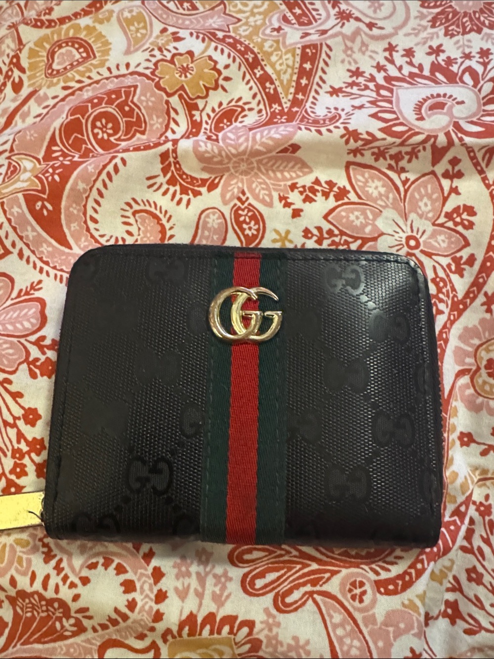 Designer inspird Card Case with Red and Green Web Preowned as is